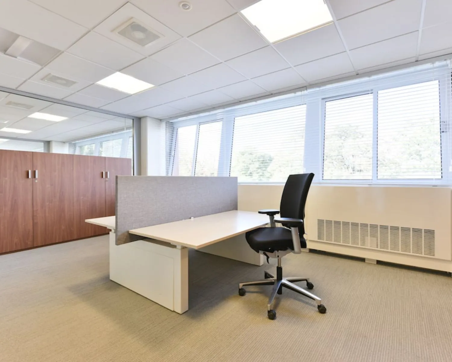 Moderne, lichte kantoorruimte met werkplekken, bureaustoelen en grote ramen aan de Treubstraat 1 in Rijswijk.