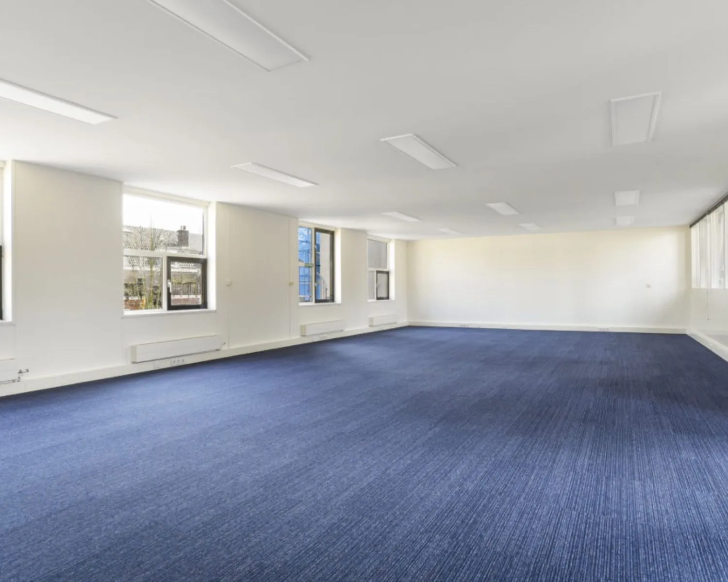 Lichte, ruime kantoorruimte met blauw tapijt aan de Wilhelminastraat 43A in Haarlem.