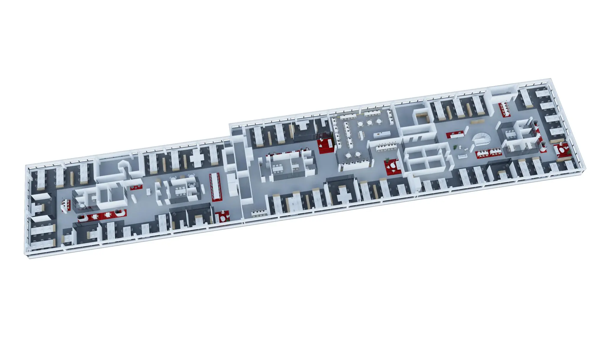 3D plattegrond van een kantoorverdieping in Weena-Zuid met werkplekken, vergaderruimtes en gezamenlijke ruimten.