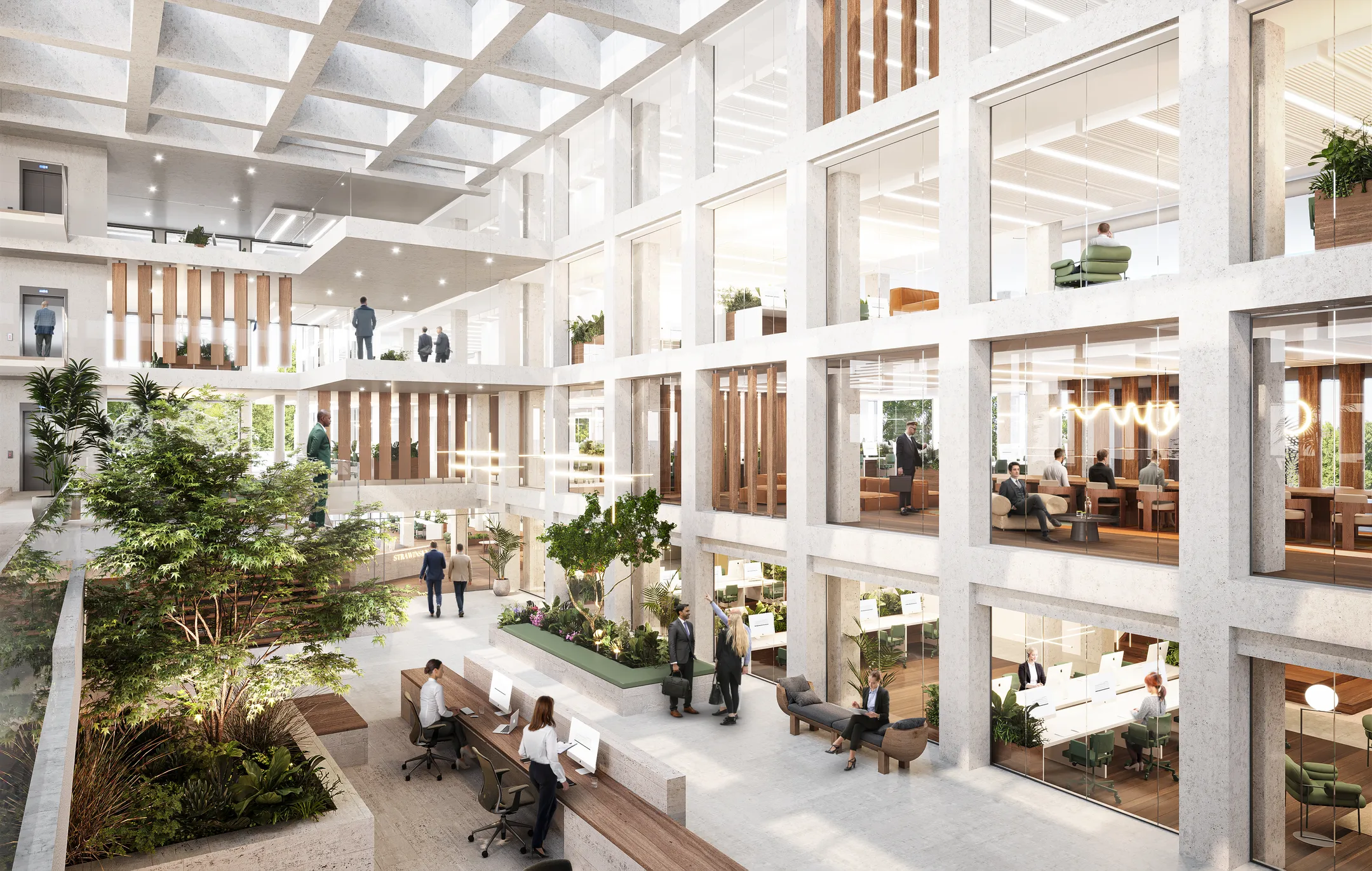 Een moderne, open kantoorruimte met veel groen en mensen aan het werk op verschillende verdiepingen.