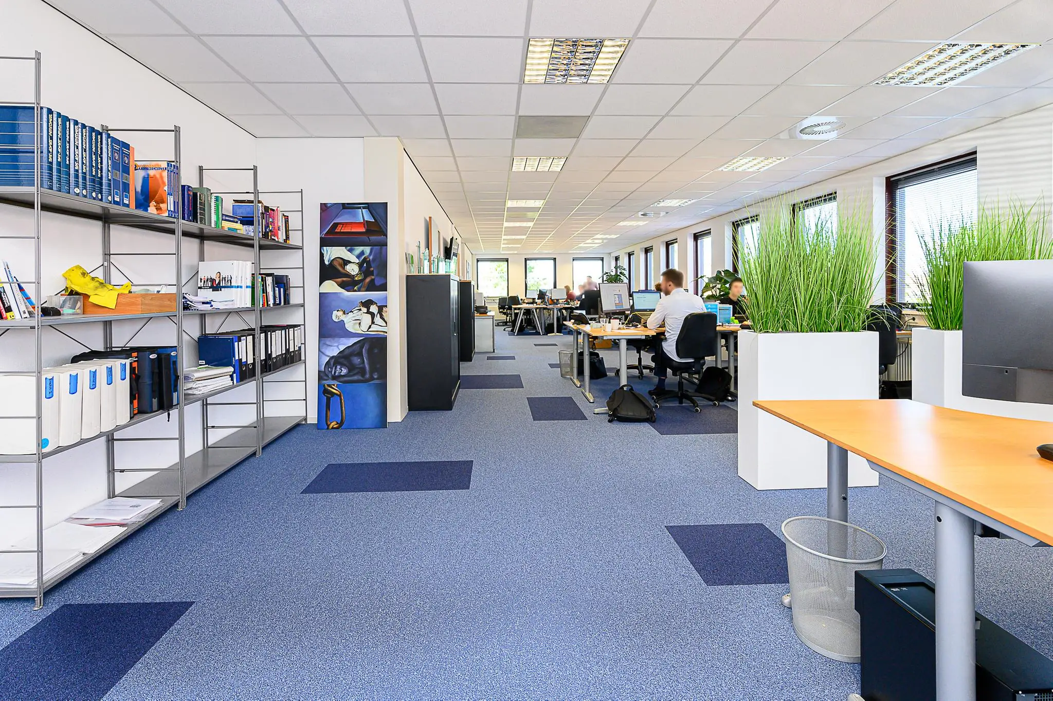 Modern kantoorinterieur in Spoorhaven met bureaus, medewerkers, open werkplekken en plantenbakken.