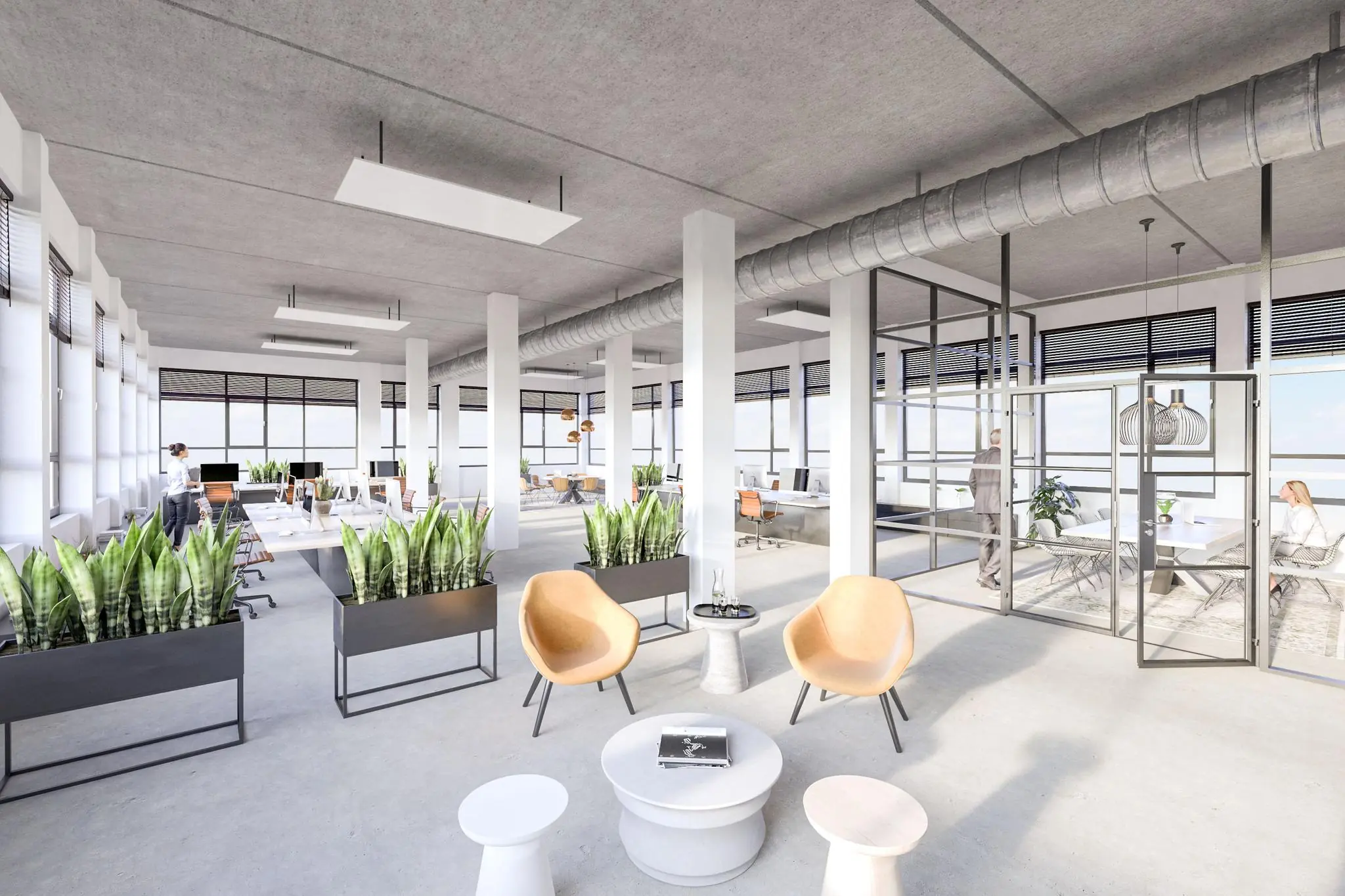 Modern open kantoorinterieur aan de Lindtsedijk met veel lichtinval, glazen vergaderruimtes en groene planten.