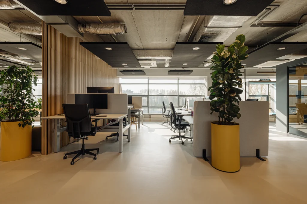 Een moderne kantoorruimte met bureaus, stoelen en grote planten in gele potten.