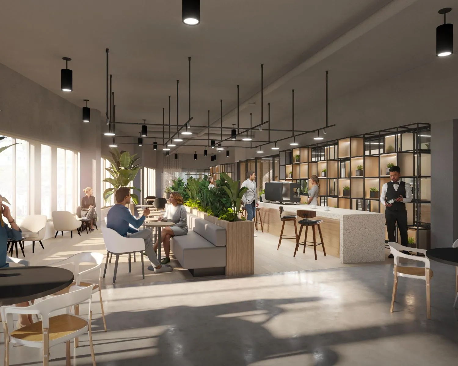 Moderne kantoorruimte met zithoeken, een koffiebar en veel natuurlijk licht aan de Herikerbergweg 288-290 in Amsterdam.