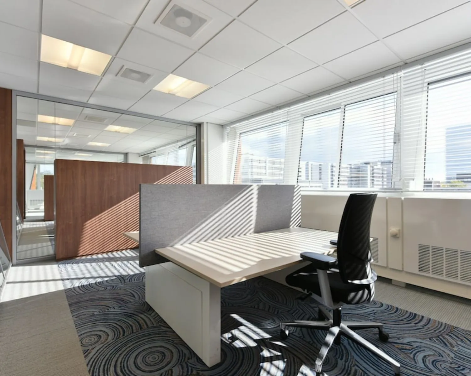 Moderne kantoorruimte met werkplekken en veel daglicht aan de Treubstraat 1 in Rijswijk.