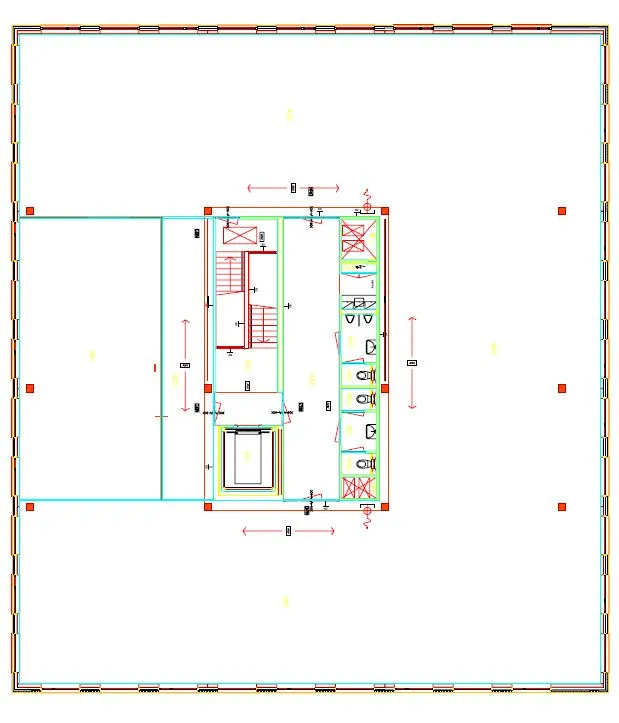 Technische plattegrond van een verdieping aan de Bahialaan met trap, lift en sanitaire ruimtes in het midden.