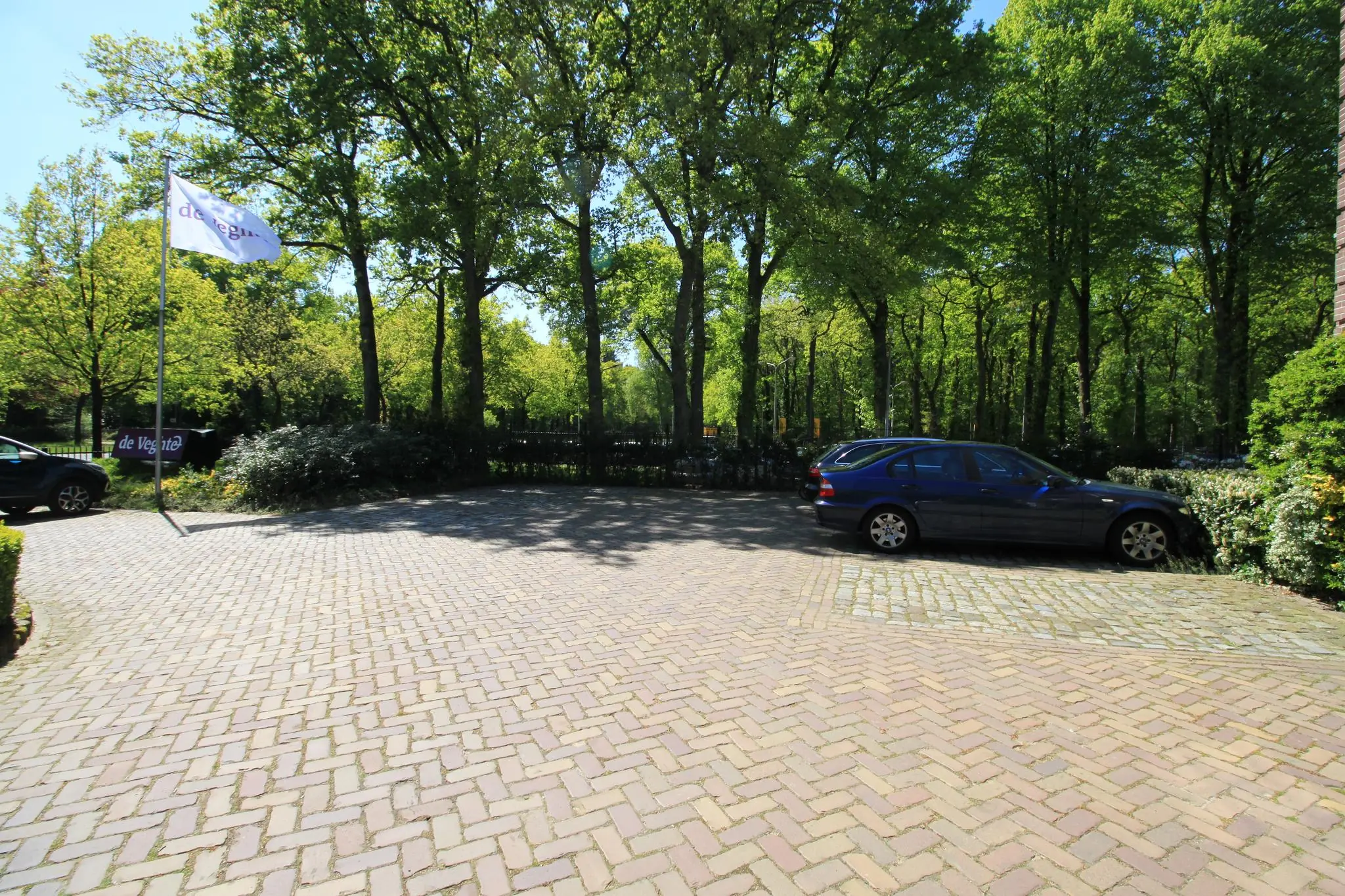 Plein met geparkeerde auto's bij de Amersfoortsestraat in een groene, bosrijke omgeving met vlag van De Vegt en zonlicht.