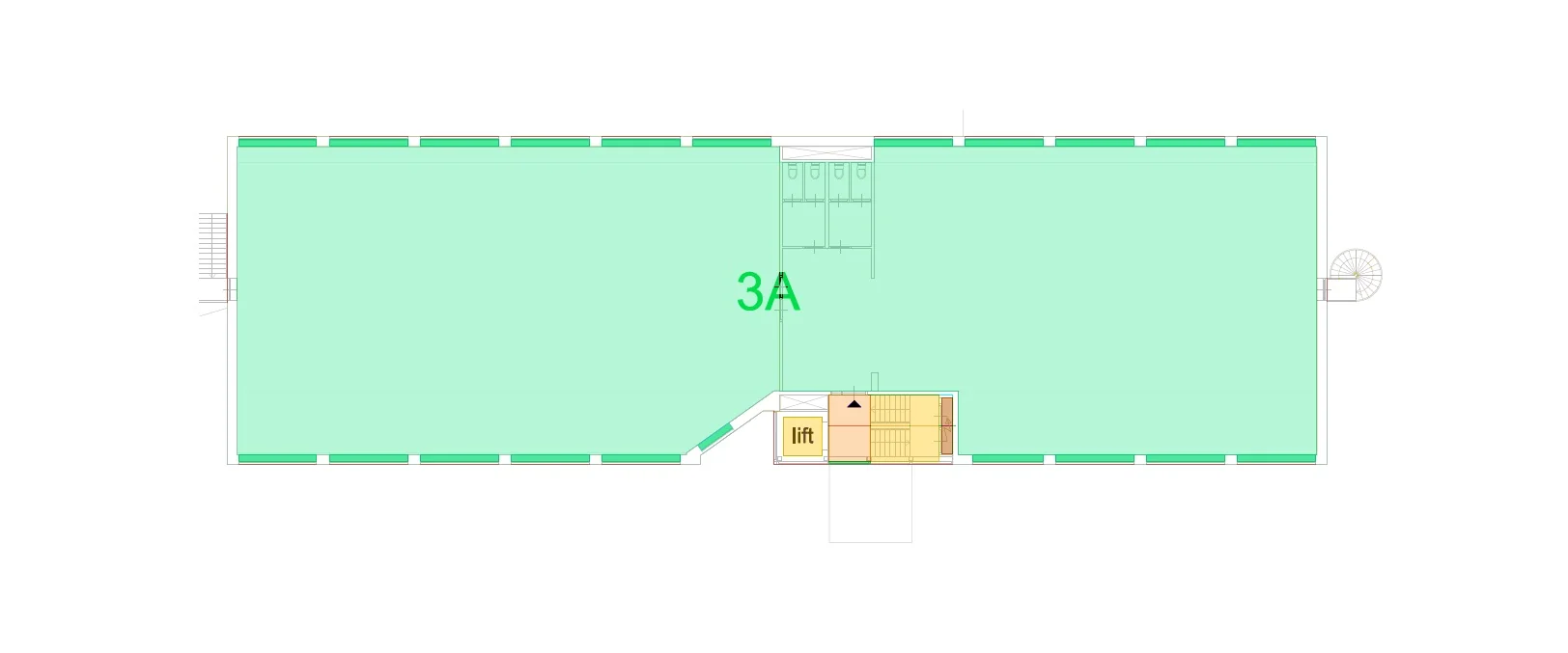 Plattegrond van kantoorruimte 3A aan de Mijlweg met lift, trappenhuis en toiletten.