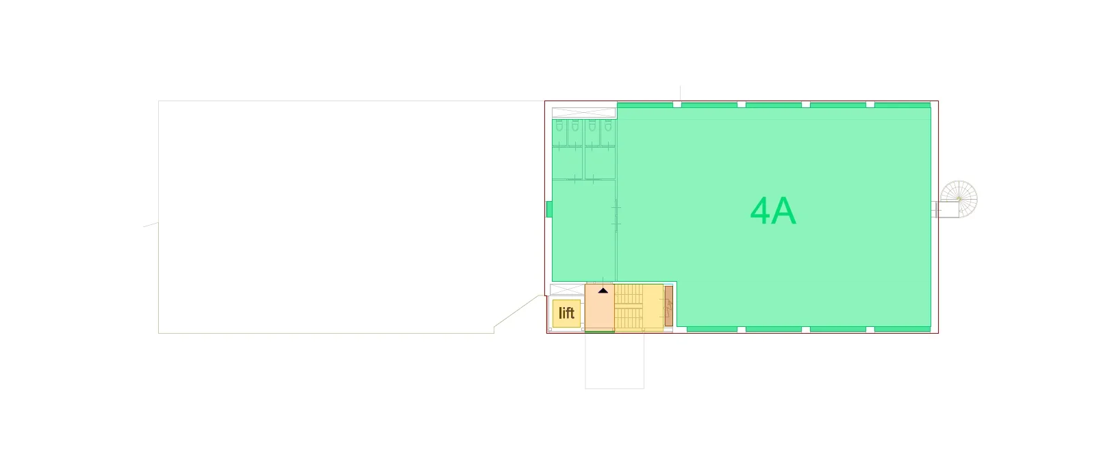Plattegrond van verdieping 4A in een gebouw aan de Mijlweg, met een grote ruimte, toiletten, lift en trappenhuis.