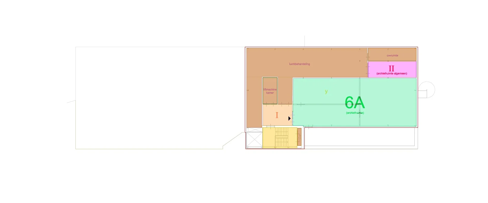 Plattegrond van de locatie Mijlweg 6A met aanduiding van archiefruimtes, liftmachineruimte en cv-ruimte.