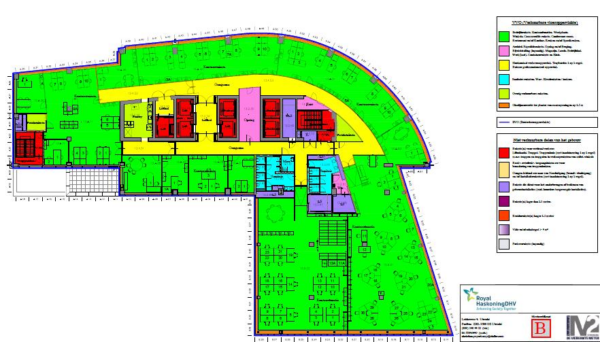 Plattegrond van het Blaak-gebouw met kleurgecodeerde ruimtes voor werkplekken, vergaderruimtes, voorzieningen en installaties.
