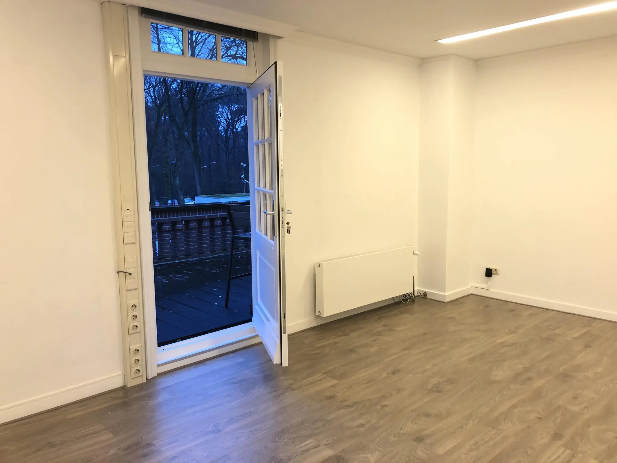 Lichte, leegstaande kamer aan de Amersfoortsestraat met open deur naar balkon en uitzicht op bomen.