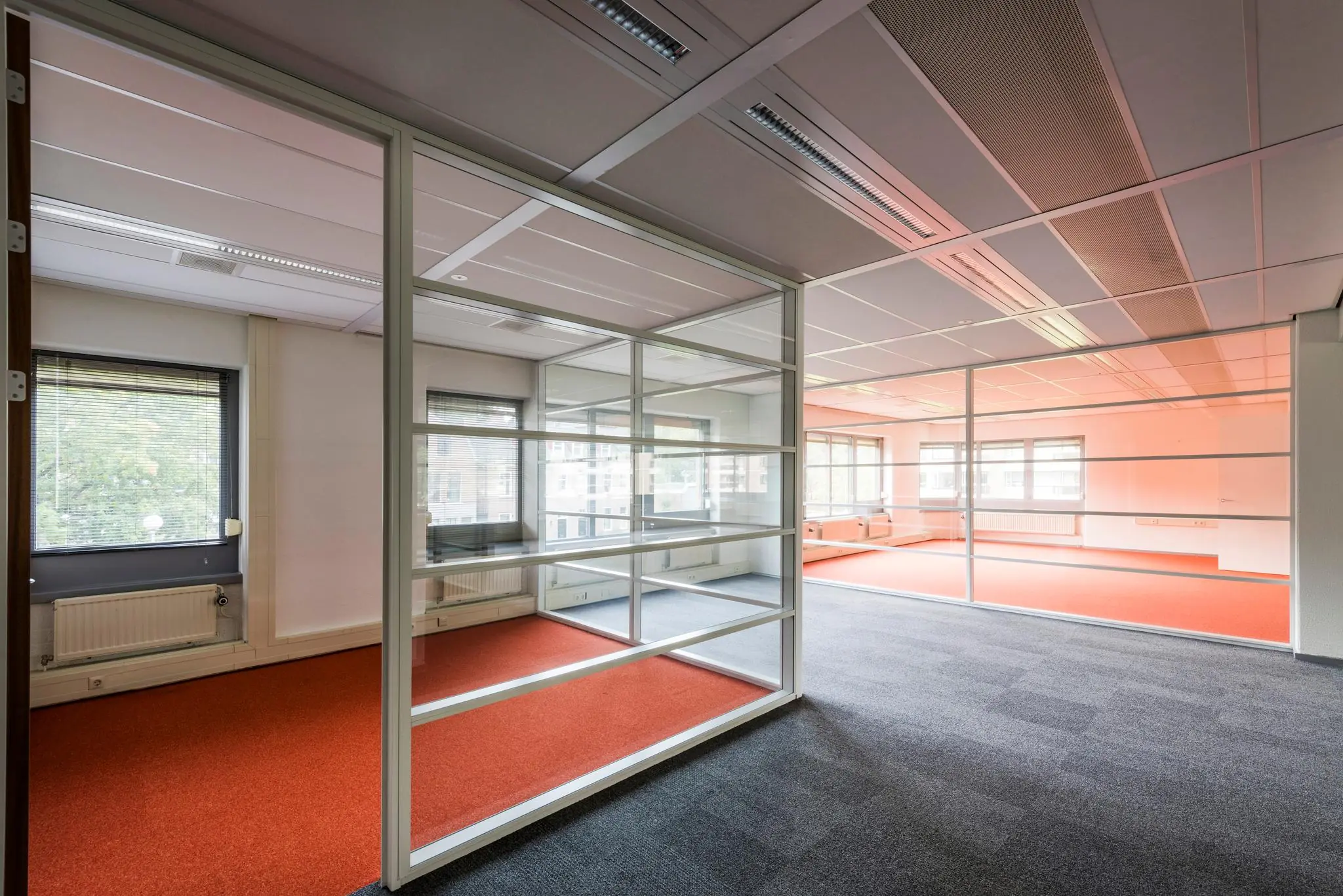 Lichte kantoorruimte aan de Meesterlottelaan met glazen scheidingswanden en roodtapijtvloer.