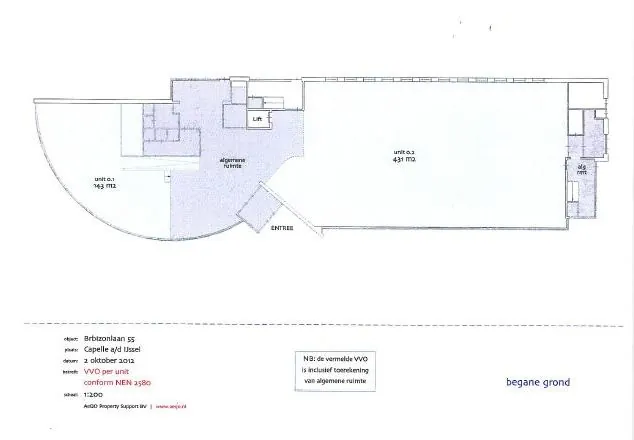 Plattegrond van de begane grond van Barbizonlaan 55 in Capelle aan den IJssel met drie units en algemene ruimten.