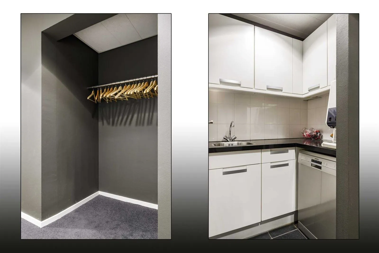 Links een open garderobe met houten kledinghangers, rechts een compacte witte keuken met spoelbak en vaatwasser.