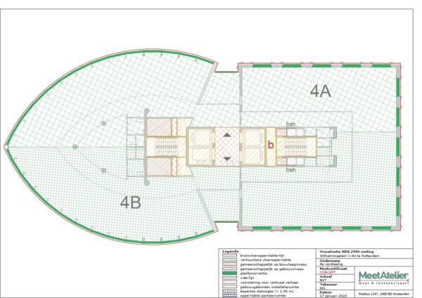 Plattegrond van de 4e verdieping van Wilhelminaplein 1-40 in Rotterdam met aanduiding van verhuurbare en gemeenschappelijke ruimtes.