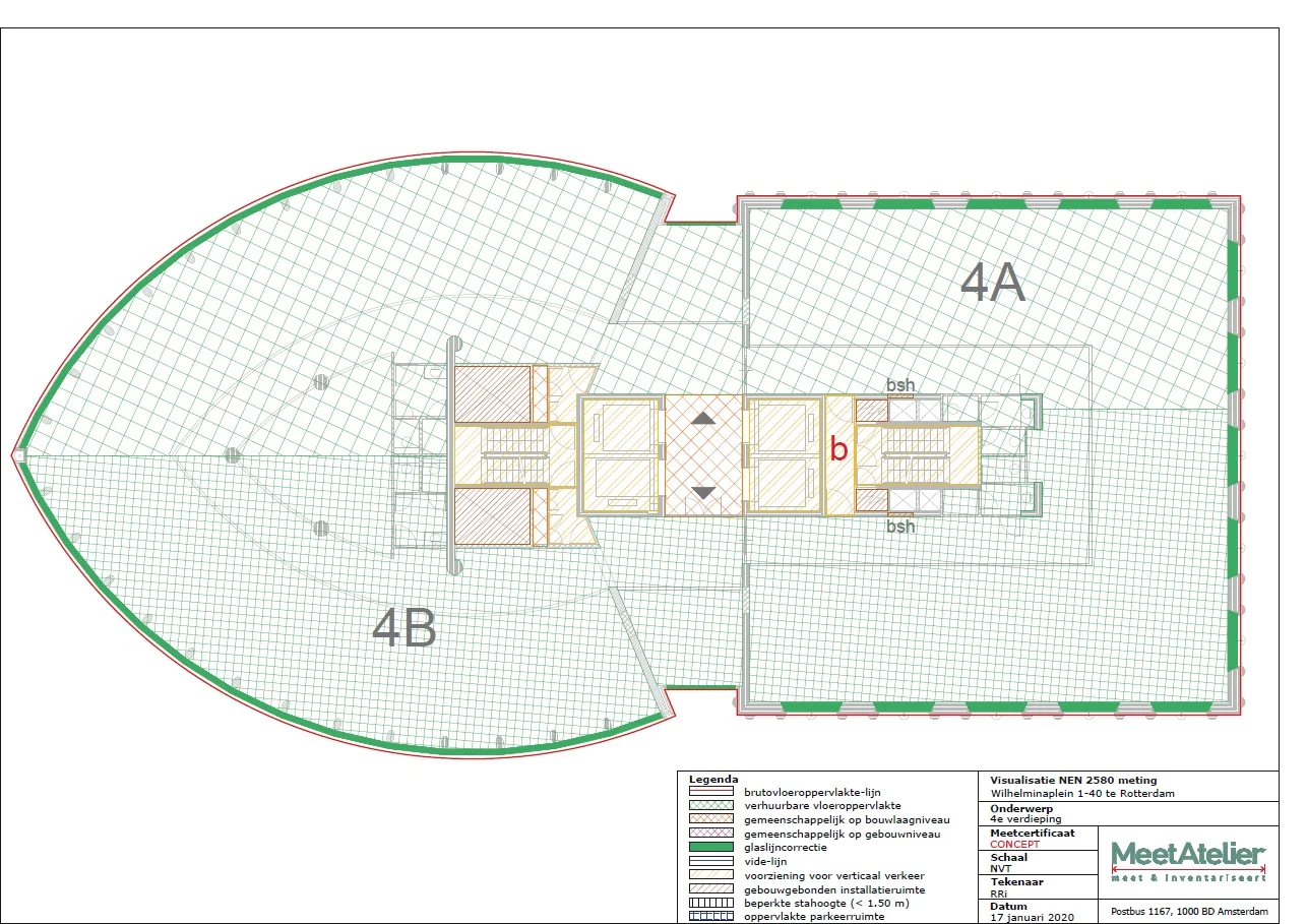 Plattegrond van de 4e verdieping van Wilhelminaplein 1-40 in Rotterdam met aanduiding van verhuurbare en gemeenschappelijke ruimtes.