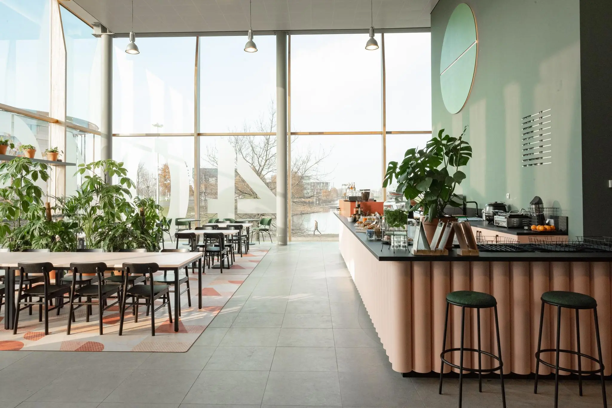 Moderne en lichte horecaruimte aan de Hondiuslaan met grote ramen, veel planten en een uitnodigende koffiebar.