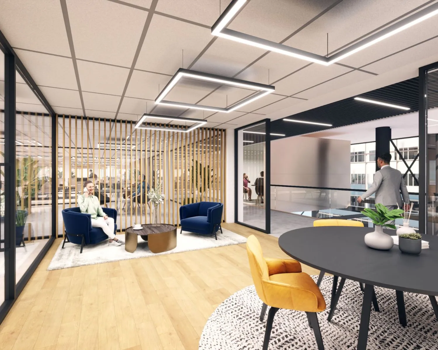 Moderne kantoorruimte met zithoek en vergadertafel aan de Herikerbergweg 288-290 in Amsterdam.