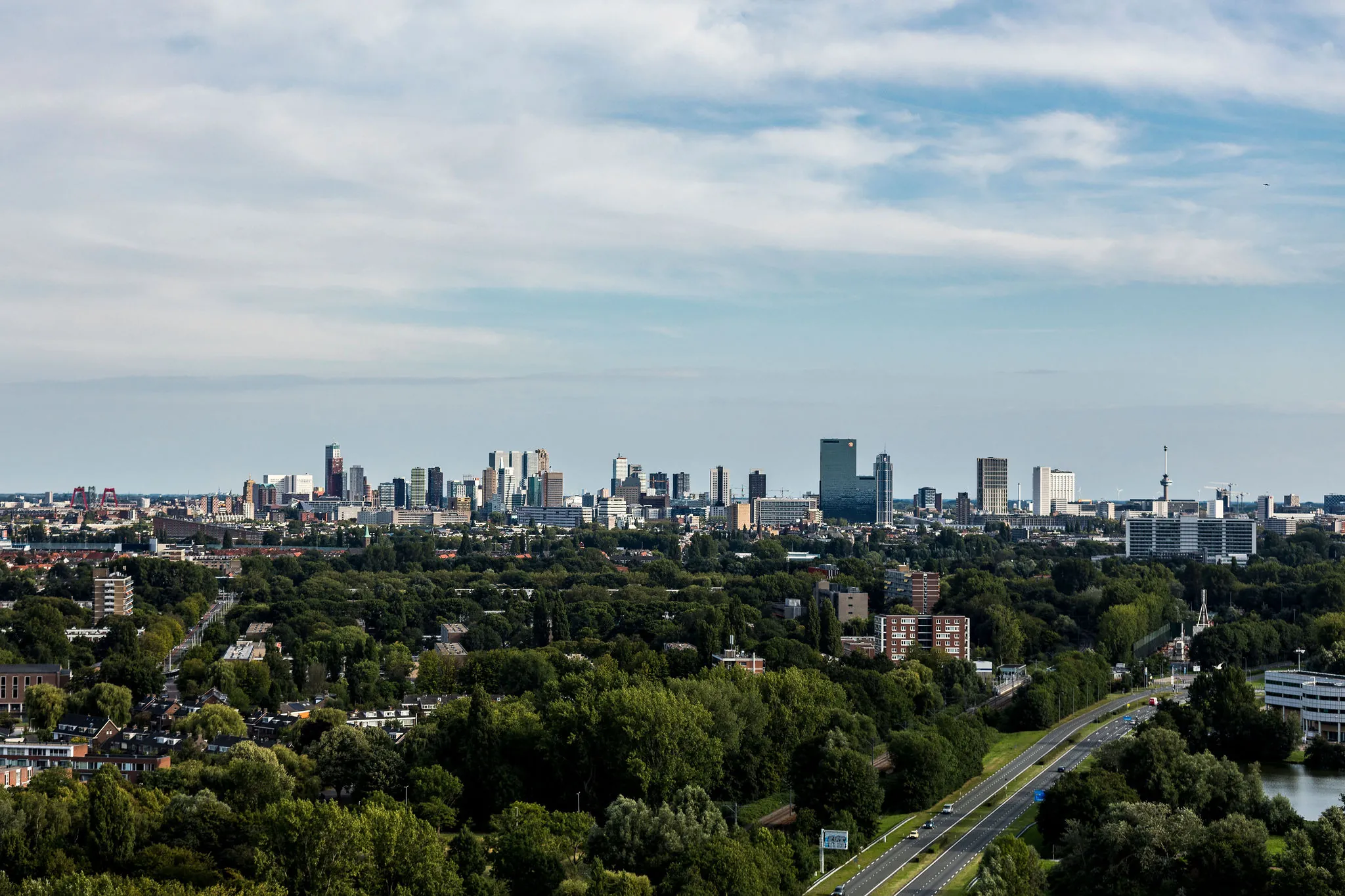 Panoramisch uitzicht op de skyline van Rotterdam met op de voorgrond groen en een snelweg.