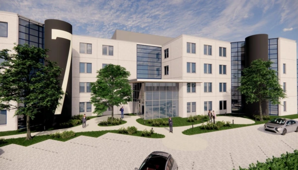 Moderne kantoorgebouw aan de Rijnzathe met glazen entree en het cijfer 7 op de gevel.