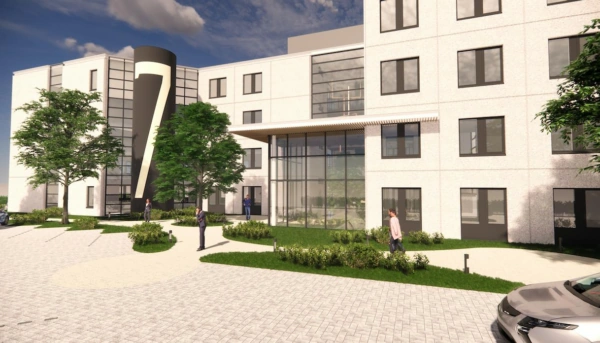 Artistieke impressie van de voorzijde van het moderne kantoorgebouw Rijnzathe met glasgevel en omliggende groenvoorziening.