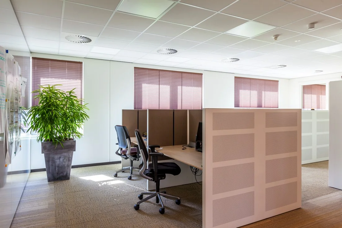 Moderne kantoorruimte aan de Orteliuslaan met werkplekken, bureaustoelen en grote kamerplant.