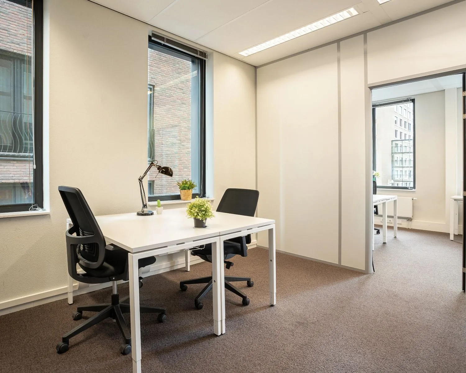 Licht en modern kantoor met twee bureaus, bureaustoelen, planten en uitzicht op een stedelijke omgeving.