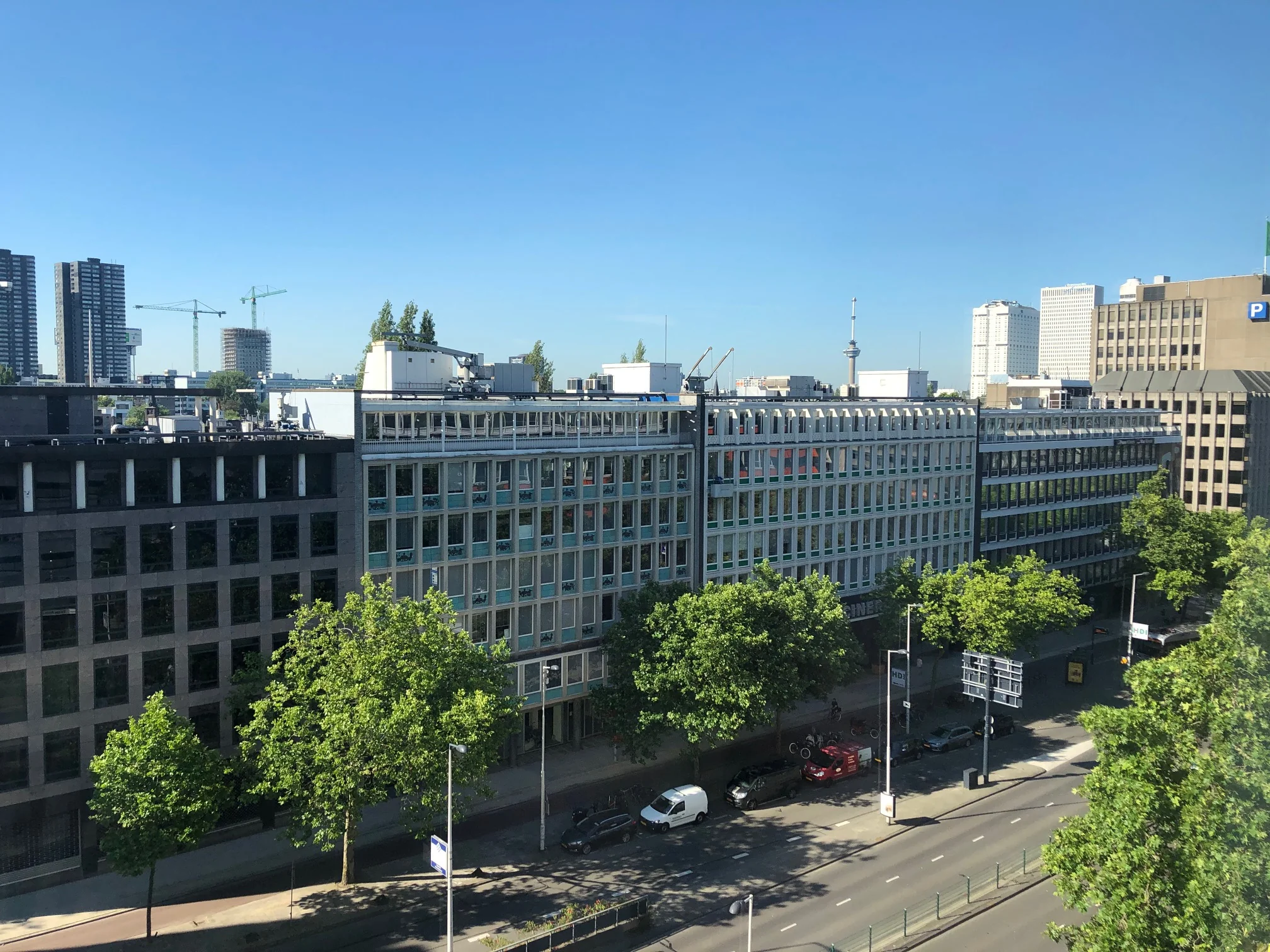 Kantoorgebouwen aan de Westblaak in Rotterdam met op de voorgrond een brede straat en groene bomen.