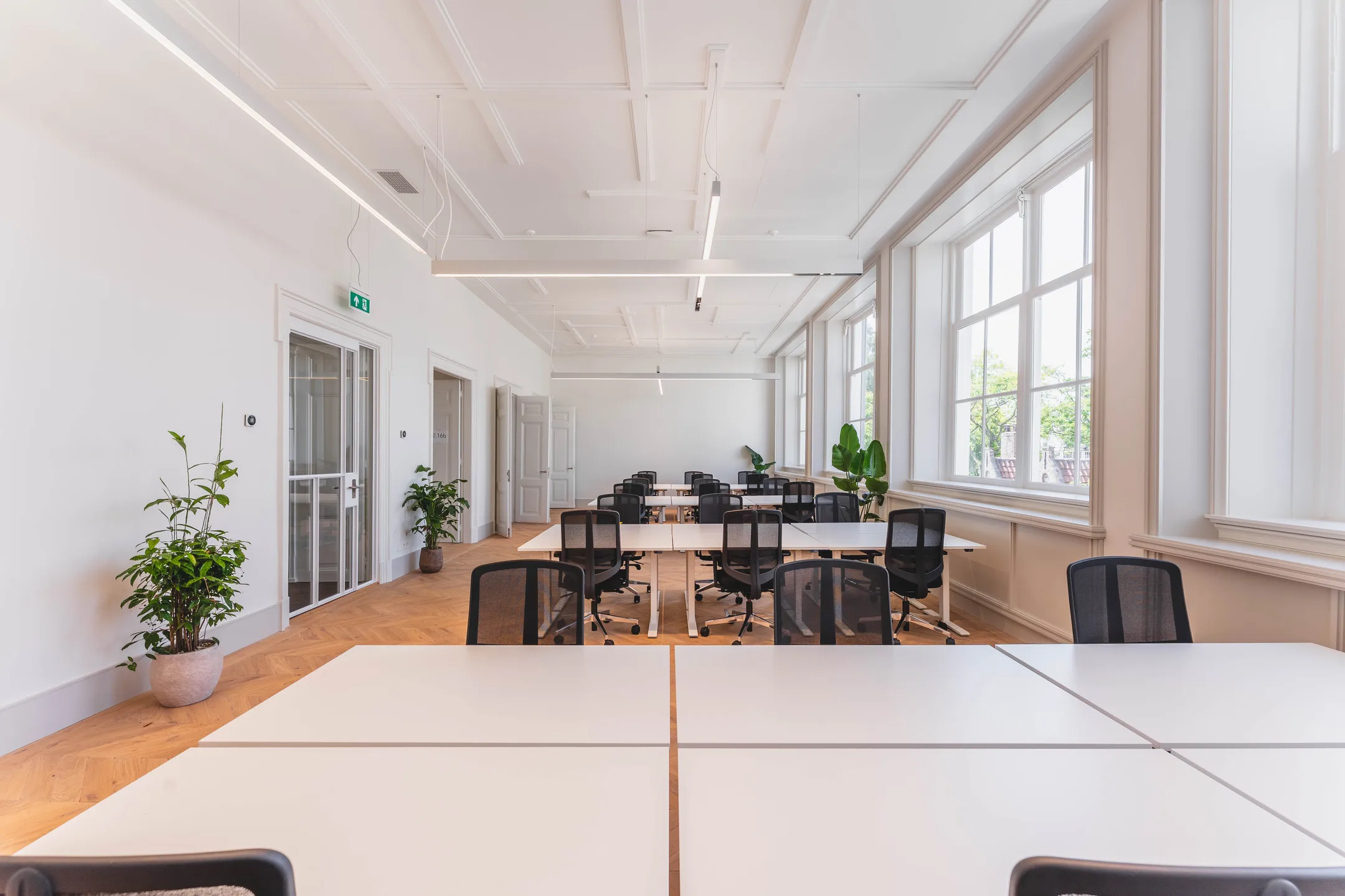 Een lichte, moderne kantoorruimte met meerdere bureaus en stoelen, omgeven door grote ramen en enkele planten.