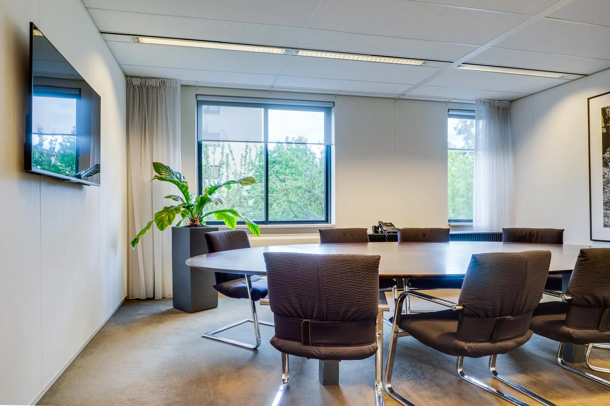 Moderne vergaderruimte aan de Euclideslaan met ovale tafel, zwarte stoelen, grote ramen en een flatscreen aan de muur.