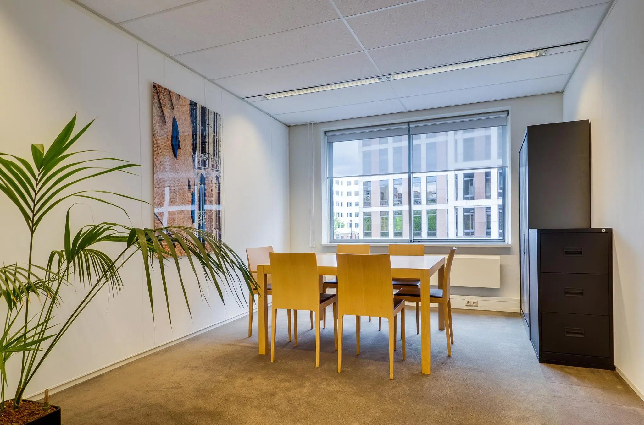 Vergaderruimte aan de Euclideslaan met houten tafel, zes stoelen, een kast en uitzicht op kantoorgebouwen.