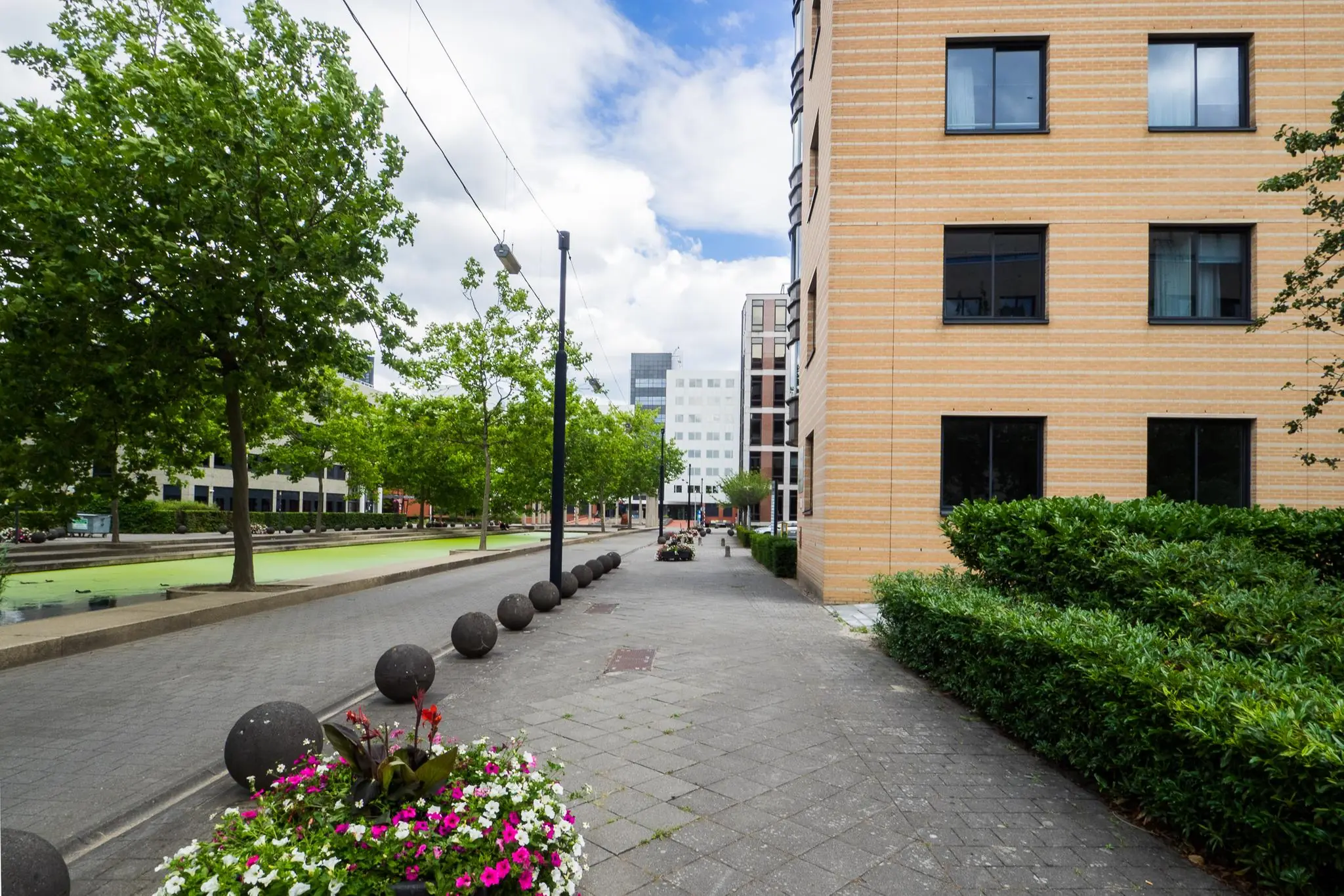 Moderne kantoorgebouwen aan de Euclideslaan met een groen wandelpad en bloembakken langs een waterpartij.