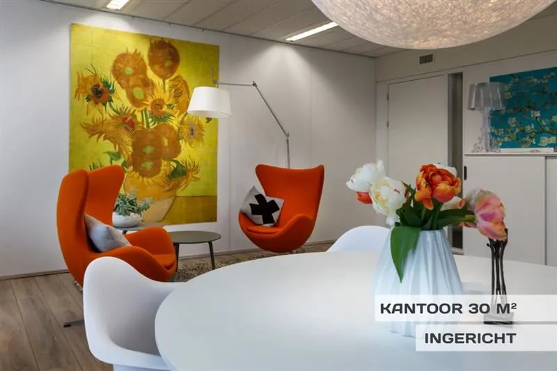 Ingericht kantoor van 30 m² met moderne meubels, opvallende kunst en een gezellige zithoek.