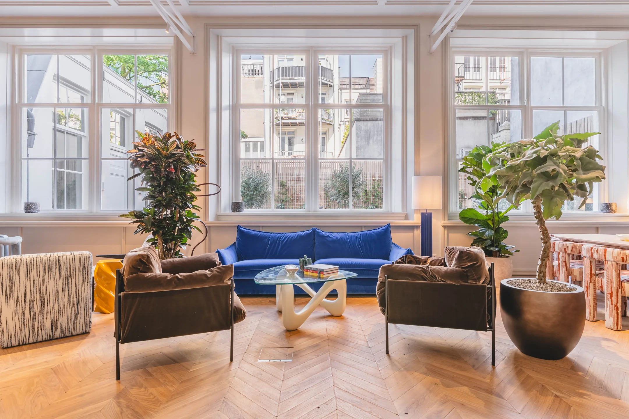 Een modern ingerichte woonkamer met een blauwe bank, bruine fauteuils, en grote kamerplanten voor drie grote ramen.