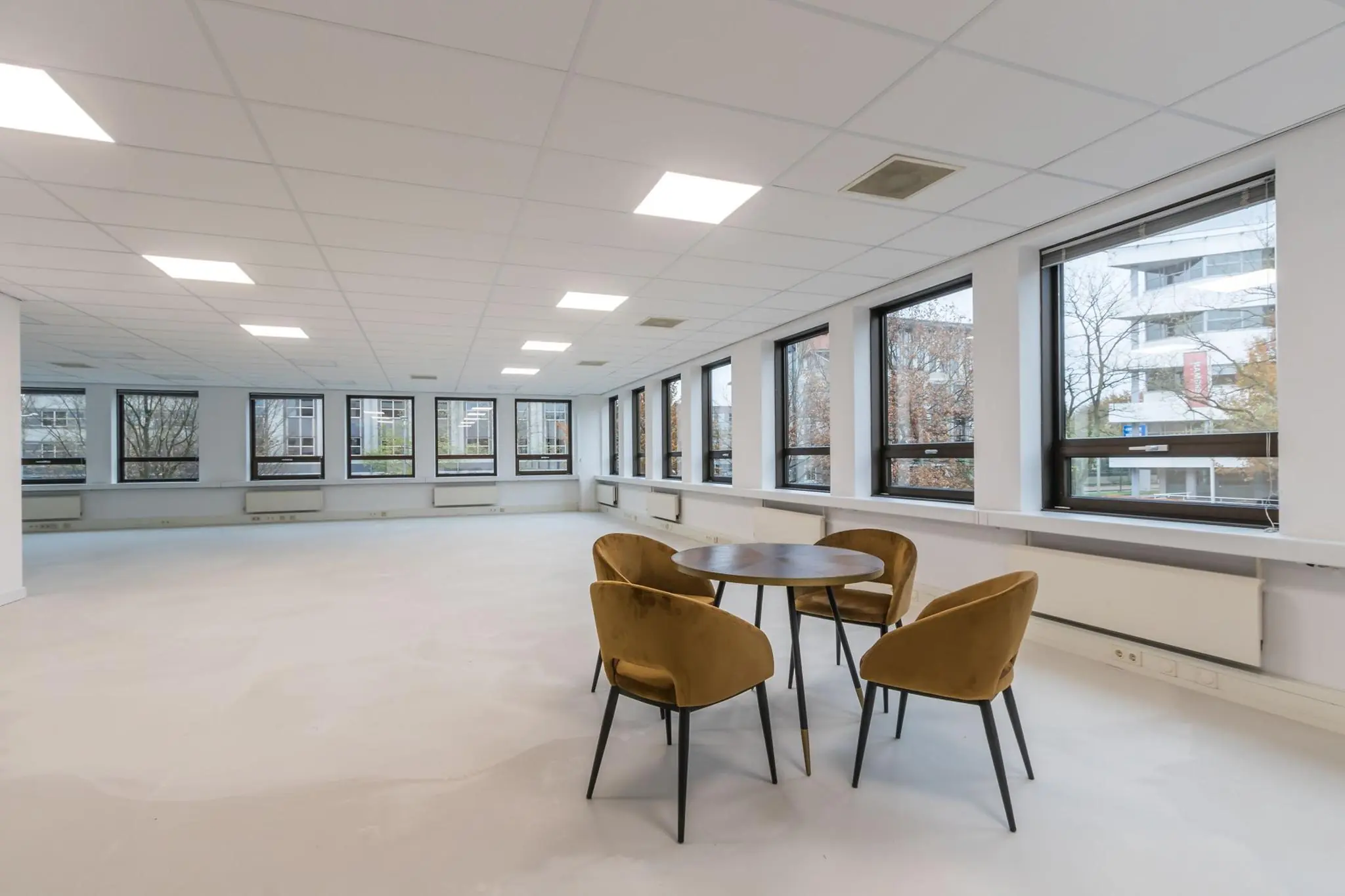 Lichte, lege kantoorruimte met ronde tafel en vier fluwelen stoelen bij een rij ramen.