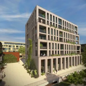 Moderne, lichtgekleurde woontoren aan de Papaverweg met ruime balkons en groene beplanting.