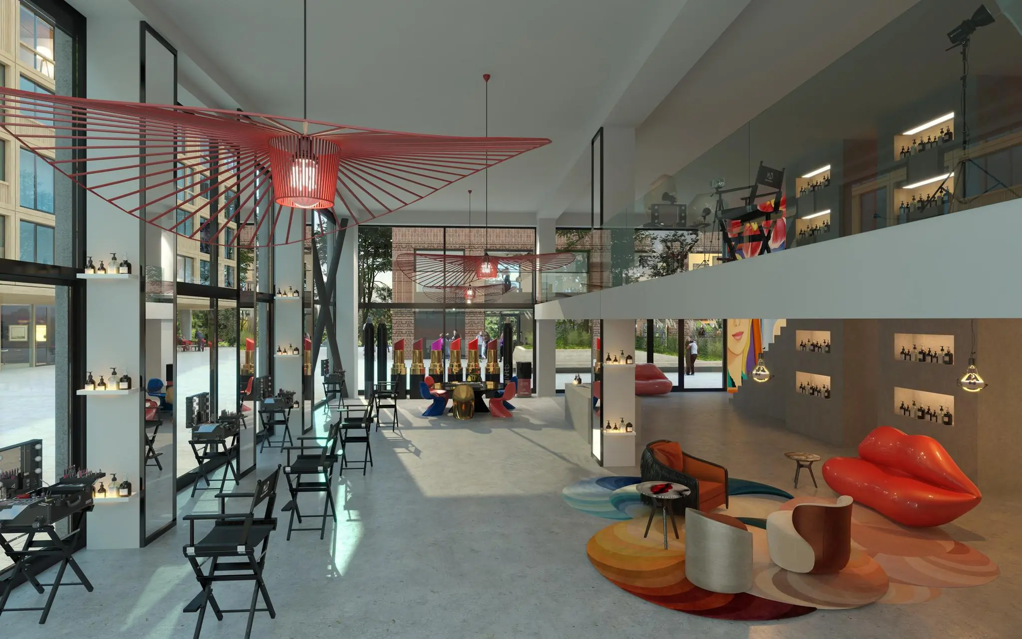 Modern interieur van een stijlvol ingerichte beauty- en kapsalon aan de Papaverweg met make-upstations, opvallende decoratie en kleurrijke zithoeken.