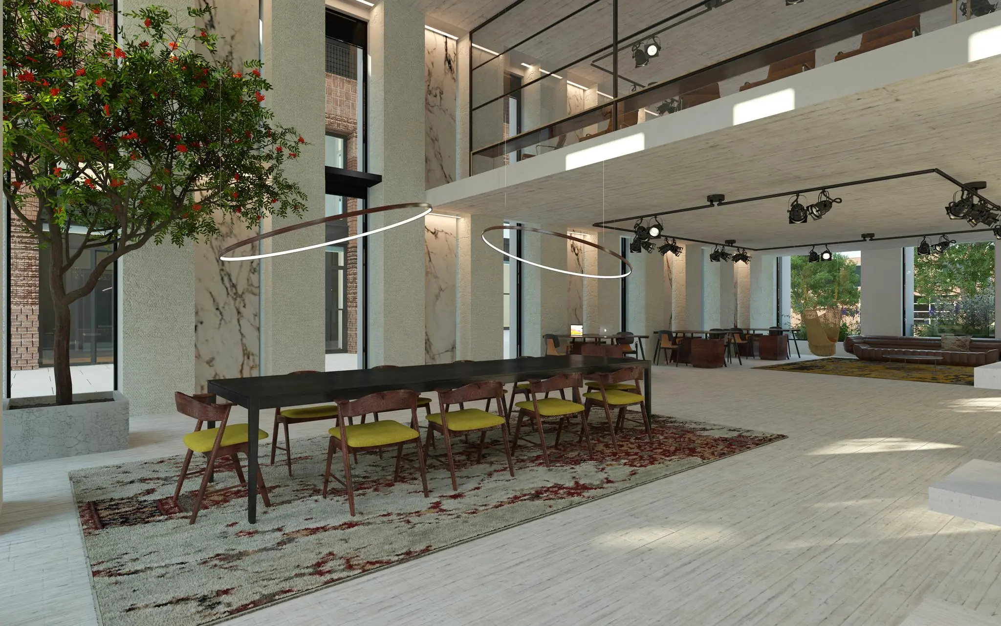 Moderne en ruime kantoorruimte aan de Papaverweg met hoge plafonds, een grote vergadertafel, designverlichting en een groene binnentuin.