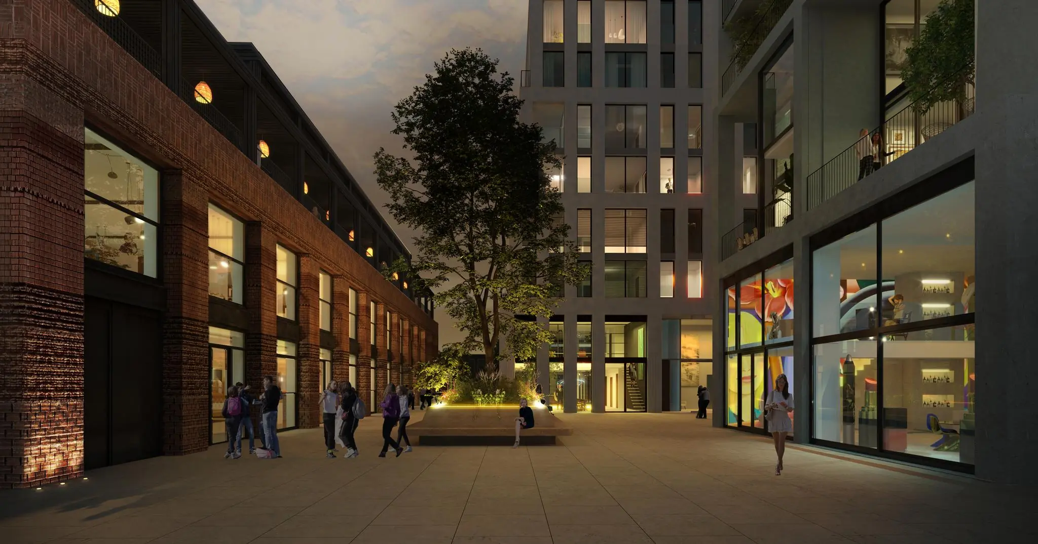 Avondbeeld van Papaverweg met moderne appartementen, verlichte gevels, een centraal geplante boom en mensen in een stedelijke binnentuin.