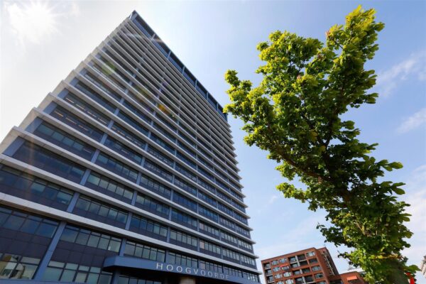 Hoog gebouw genaamd Hoogvoorde aan het Bogaardplein, gefotografeerd vanaf een lage hoek met een boom op de voorgrond.