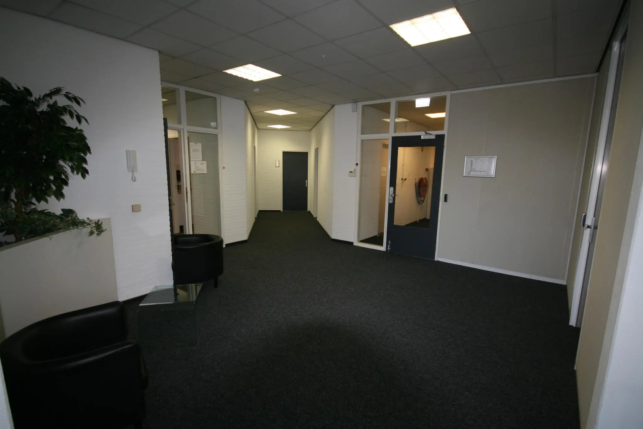 Hal met donkere deuren, glazen kantoorwanden, zwarte stoelen en een plant in een bedrijfsgebouw aan de Corkstraat.