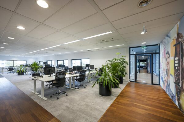 Moderne open kantoortuin in het Rietlandpark met bureaus, planten en glazen toegangsdeur.