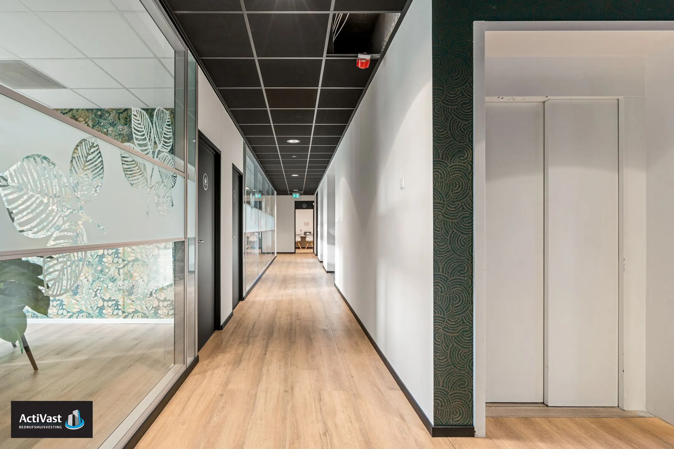 Moderne en lichte kantoorhal in het Agro Business Park 22 met glazen wanden, houten vloer en liftdeur rechts.