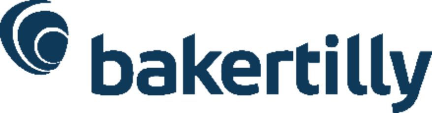 Logo van Baker Tilly met blauwe gestileerde grafische vorm en bedrijfsnaam in kleine letters.