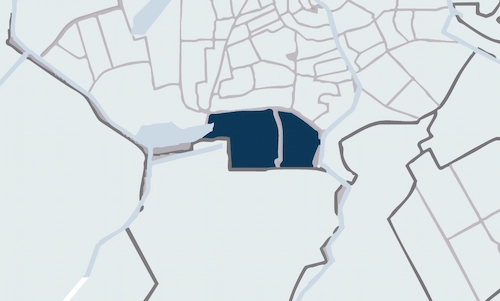 Map highlighting the Buitenveldert area in dark blue within a city layout.