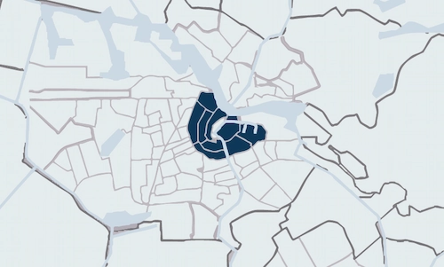 Map highlighting the city center of Amsterdam, labeled as "Centrum-Deskfinder", in dark blue.