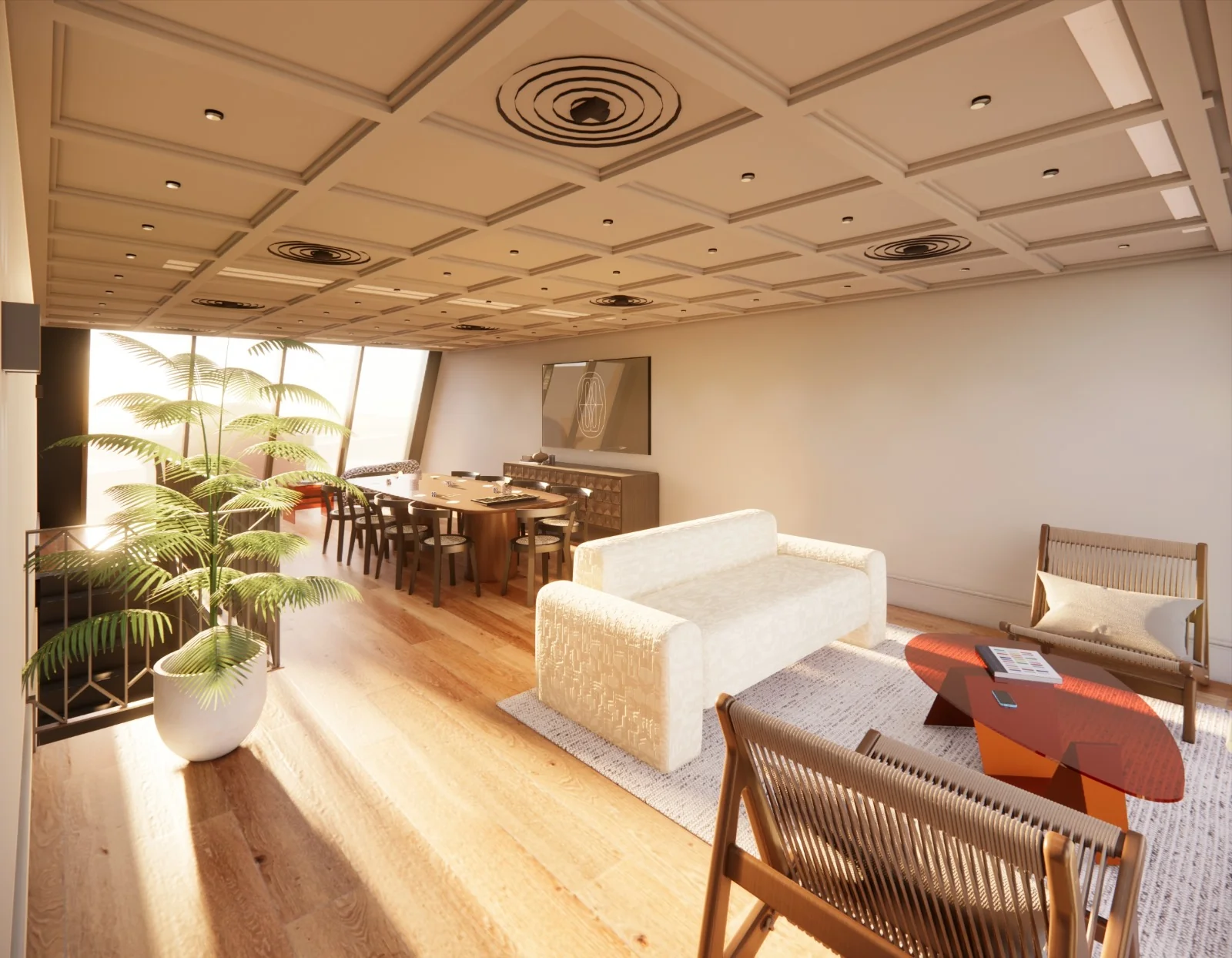 Moderne gemeenschappelijke ruimte met een zithoek, eettafel en grote raampartij die veel natuurlijk licht binnenlaat.