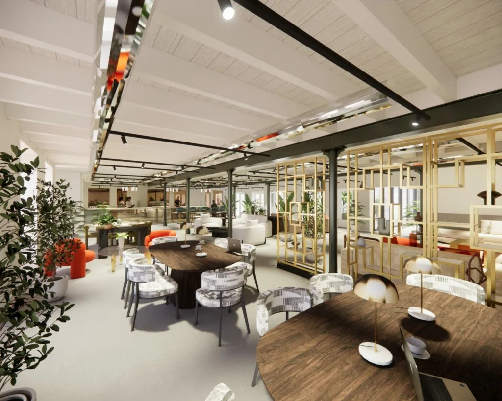 Gezellige en moderne gemeenschappelijke ruimte met houten tafels, designstoelen en groene planten.