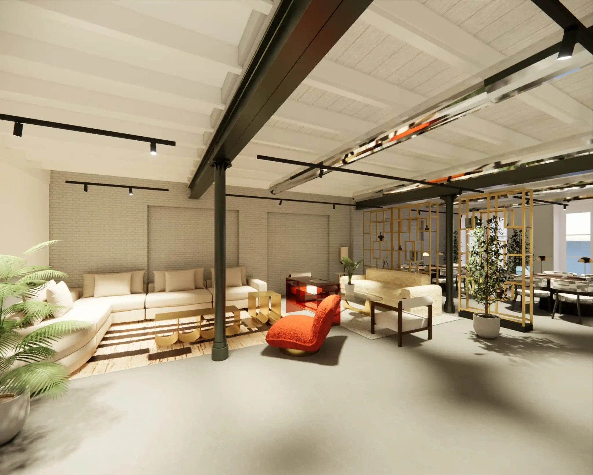 Modern ingerichte gemeenschappelijke ruimte met comfortabele zithoeken, stijlvolle meubels en veel natuurlijk licht.